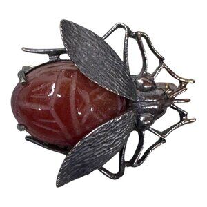Vtg IPS Scarab Beetle Sterling Silver Carnelian Insect Brooch Signed Statement